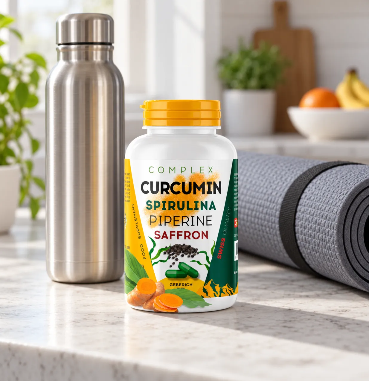 Curcumin Spirulina Piperine — la confezione nella vita quotidiana